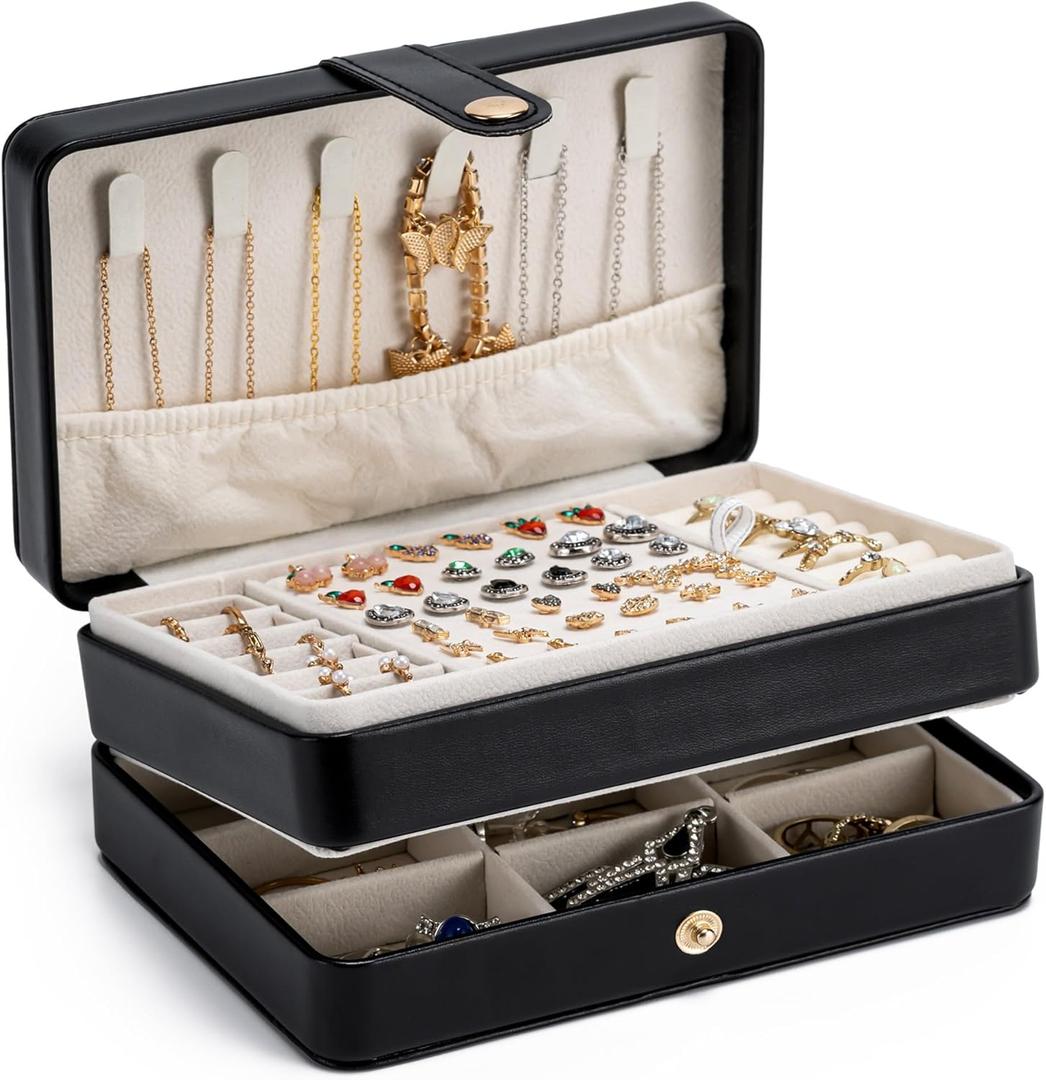 MODENGKONGJIAN Jewelry Organizer Box, 2-Layer Large Jewelry Storage Case, Portable Travel Jewelrys Display Holder for Earrings, Necklaces, Bracelets (Black, PU Leather)