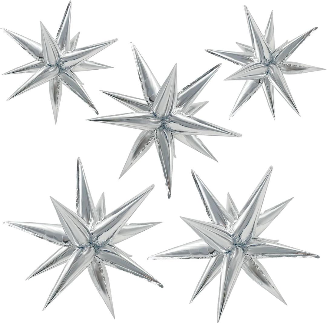 60Pcs Silver Star Balloons Birthday Decorations Explosion Mylar Balloons 12 Spike Balloon Large Foil Prom Balloon for Wedding Anniversary Christmas New Year Eve Party Backdrops Supplies, 27.5 inches