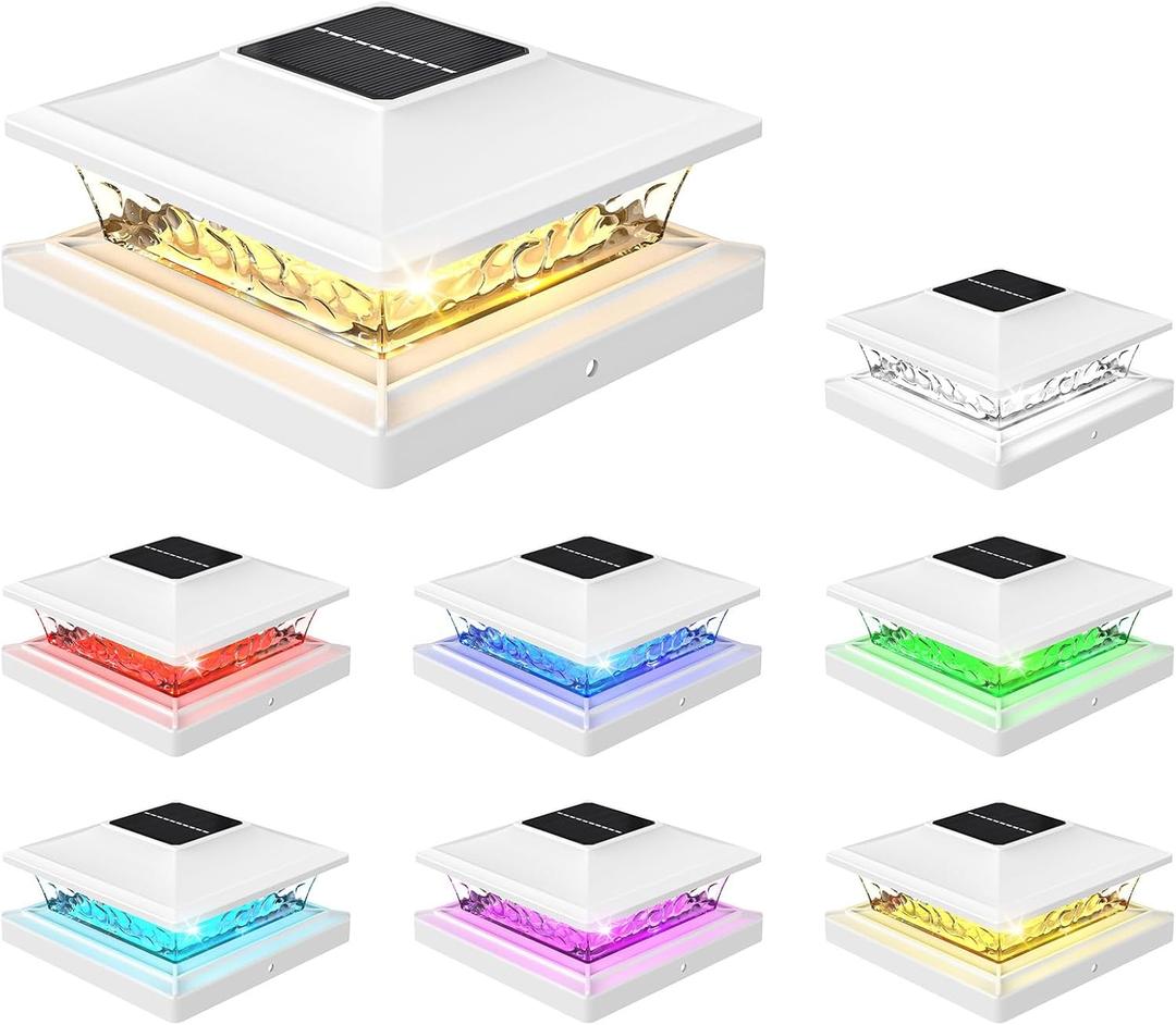 APONUO 4x4 Solar Post Cap Lights with 8 RGB Solid Colors & Multicolor Flow - 8 Pack Fence Post Solar Lights, IP65 Waterproof - Fits 4x4 5x5 6x6 Wood & Vinyl Posts - White