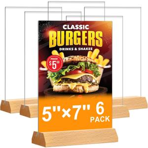 5x7 Acrylic Sign Holder - T Shape Clear Flyer Holder with Wood Base, 6 Pack Double Sided Picture Frames, Plastic Table Menu Display Stand for Wedding, Office, School, Restaurant