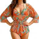 Bolsamila Three Piece Swimsuit for Women Tropical Swimwear Halter Triangle Floral Print Halter Bikini Set Bathing Suit Summer Beach Orange, Large
