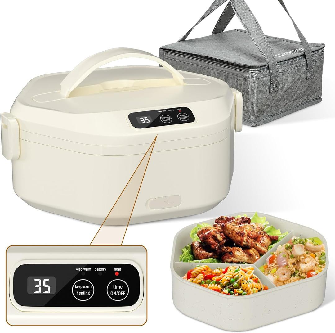 Cordless Electric Lunch Box, 1L Heated Lunch Box, 16000mAh Battery Powered, Fast Heating, 3-Compartment Tray, Portable for Car, Truck, Office, Camping
