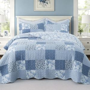 GOONE King Quilt Set 104"x90", Blue Floral Boho Bedspread Farmhouse Quilting Bedding Set, Lightweight Washed Coverlet, Reversible Spring & Summer Quilt Set, Quilt King Size with 2 Pillow Shams