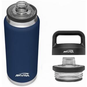 AMVRA Rambler 18 oz Bottle, Vacuum Insulated, Stainless Steel with Chug Cap, Leakproof, BPA Free – Keeps Drinks Cold 24H Hot 12H – Reusable Travel Bottle, Navy