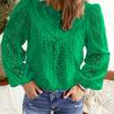 BETTE BOUTIK Women's Long Short Sleeve Tops 2025 Dressy Casual Button Hollow Out Lace Embroidered Blouses Shirts (Green)
