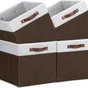 Temary Foldable Cube Baskets 4Pack - Shelf Storage Bins with Handles, Fabric Storage Organizer for Clothes, Home (White&Brown, 13x15x13 Inch)
