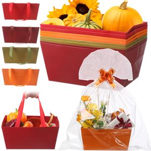 12 Pcs Thanksgiving Basket for Gifts Empty with Cellophane Bag & Ribbon Bow Fall Novel Orange Brown Green Gift Wrapping Basket for Autumn Birthday Wedding Party Favor Supplies 9.8 x 6.5''