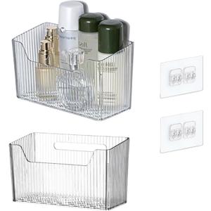 Acrylic Wall Mounted Storage Racks,2Pcs Storage Box Shower Basket, Transparent Plastic Makeup Box Stackable Storage Basket for Kitchen Bathroom Cabinet Pantry and Office, with 2 Back Stickers (Large)