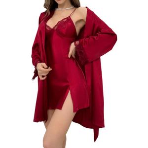 WDIRARA Women's Sexy Lace Cami Sleepwear Slip Satin Nightgown with Robes Set 2 Piece Spaghetti Strap Nightwear (Blue, M)