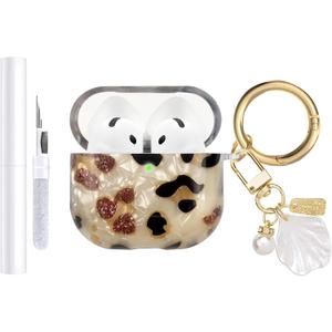AIIEKZ Compatible with AirPods 4 Case Cover 2024, Soft TPU with Shell Pattern for AirPods 4th Generation Case with Pearl Shell Keychain and Cleaning Kit for Girls Women (Leopard)