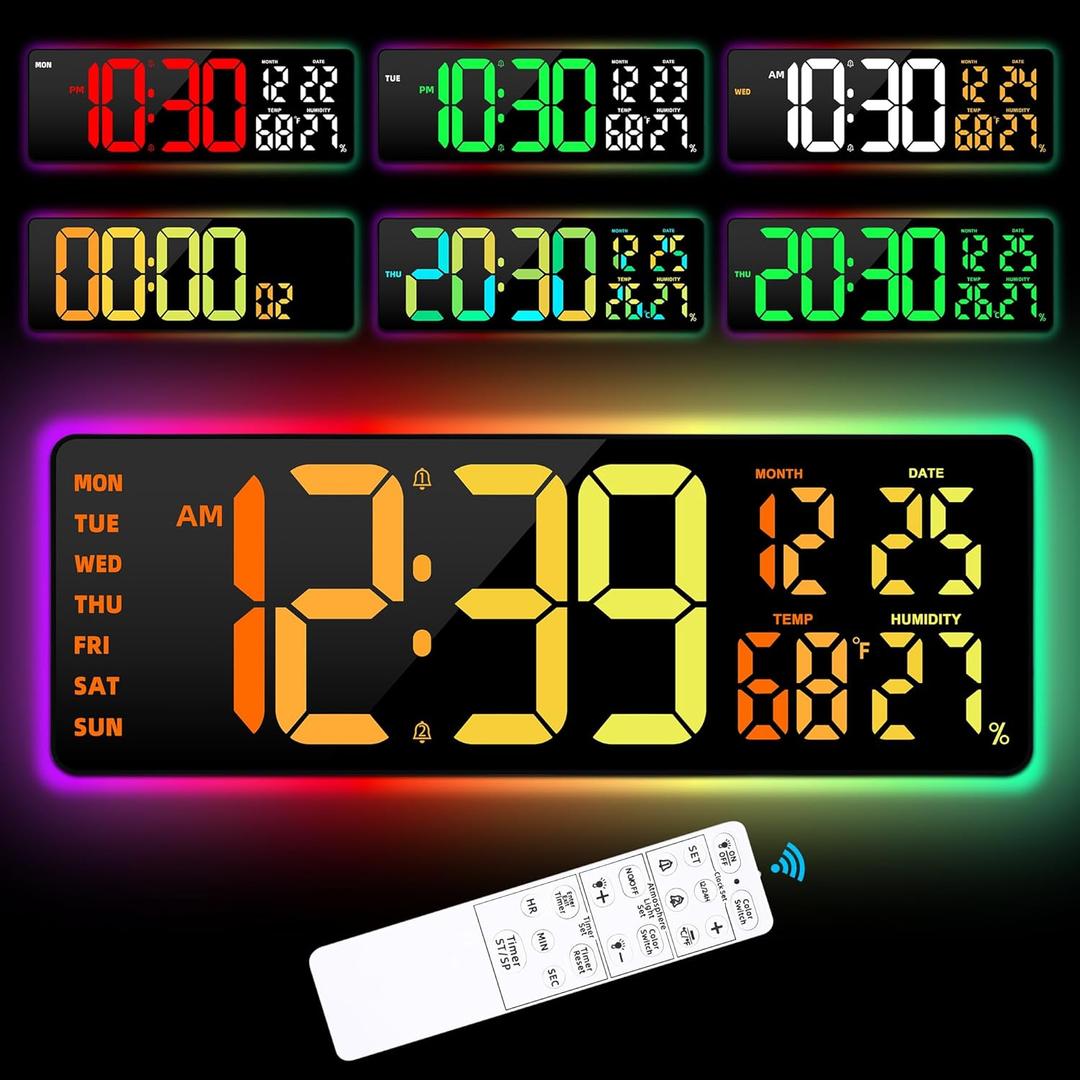 Large Digital Wall Mount Clock 17.3", 15 Color Modes Jumbo Numbers, 8 Color Modes Atmosphere Lights, Led Large Display Auto-Dimming/ DST, for Classroom Living Room Garage Gym, Gift for Senior Mom Dad