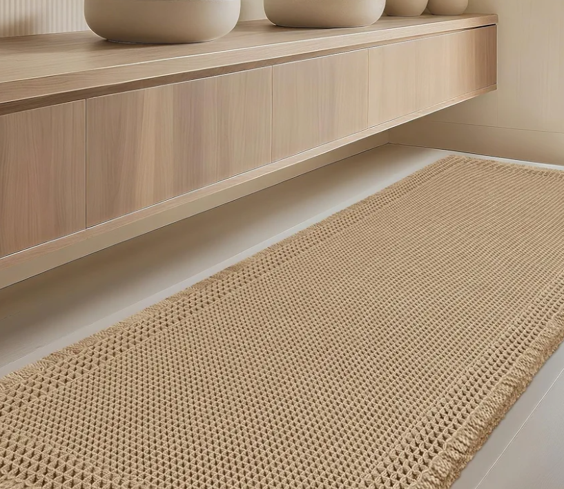 Extra Large Waffle Bath Mat, Boho Woven Modern Bath Rug Absorbent Non Slip, Ultra Soft Bathroom Mats, Machine Washable Knit Bath Rugs with Border for Bathroom, Bedroom, Kitchen, Shower, 6'x2', Beige