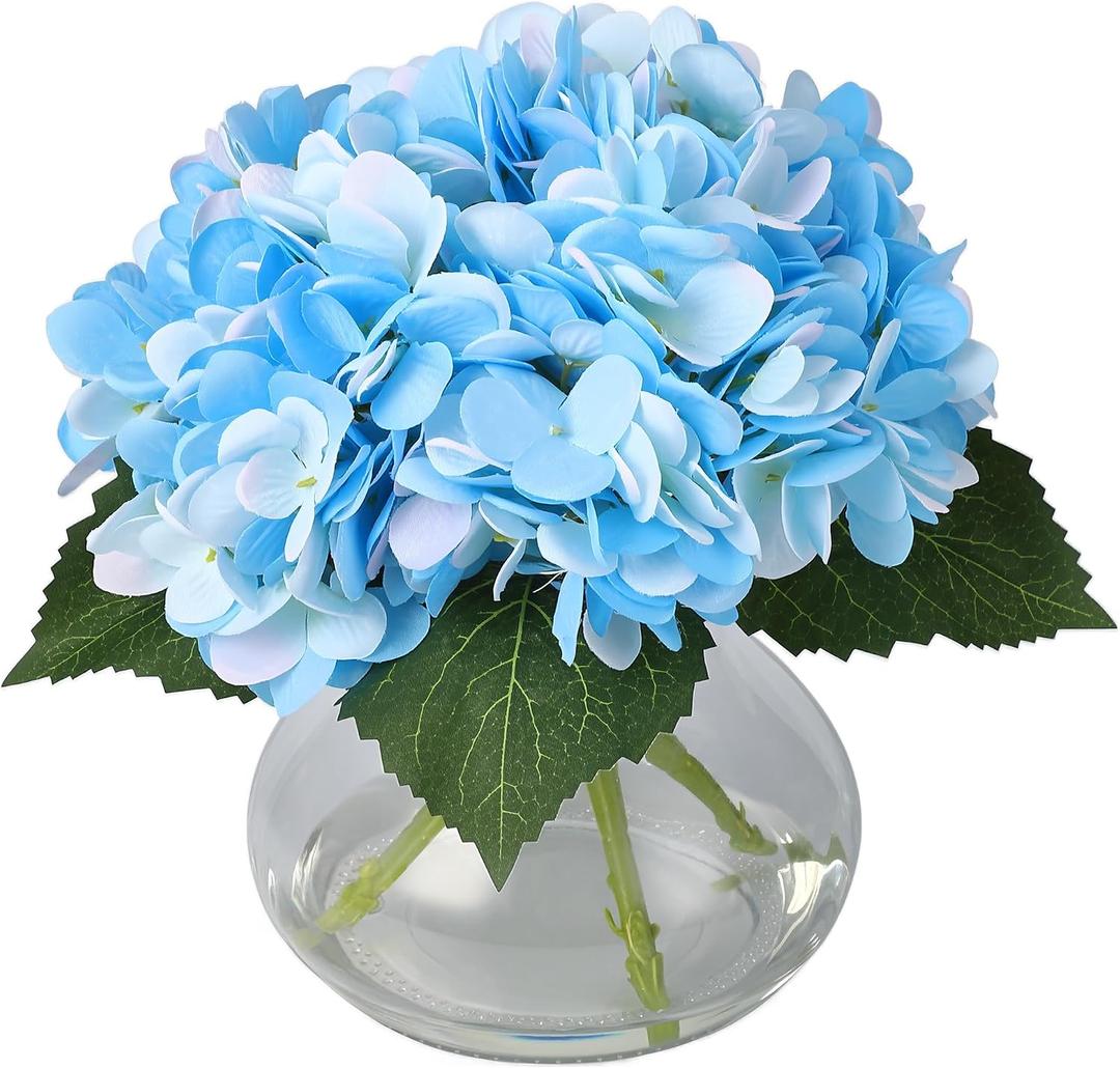Artificial Hydrangea Flowers with Glass Vase & Fake Water - Faux Hydrangea for Home Table, Wedding Party, Office Decor | Realistic Fake Hydrangeas, Silk Flowers for Vase Arrangement(Hydrangea, blue)