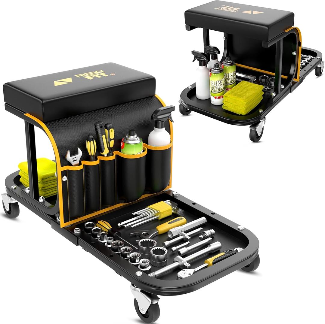 Rolling Shop Stool Chair with Wheels, Mechanic Garage Stool on Wheels, Auto Car Detailing Stools Seat with Tool Tray Storage for Garage Work, Workshop, Home, Garden, DIY, 300 LBS Capacity, Yellow