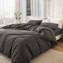 JIYUAN Queen Size Duvet Cover Set, 3-Piece - 100% Washed Cotton, Linen-Like Soft & Breathable with Zipper Closure, Includes 90x90 Inch Cover & 2 Pillowcases, Solid Dark Grey