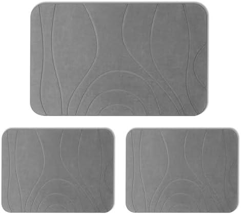 HUMIGA Stone Bath Mat, Diatomaceous Earth Shower Mat, Set of 3, Non-Slip Super Absorbent Quick Drying Bathroom Floor Mat, Grey
