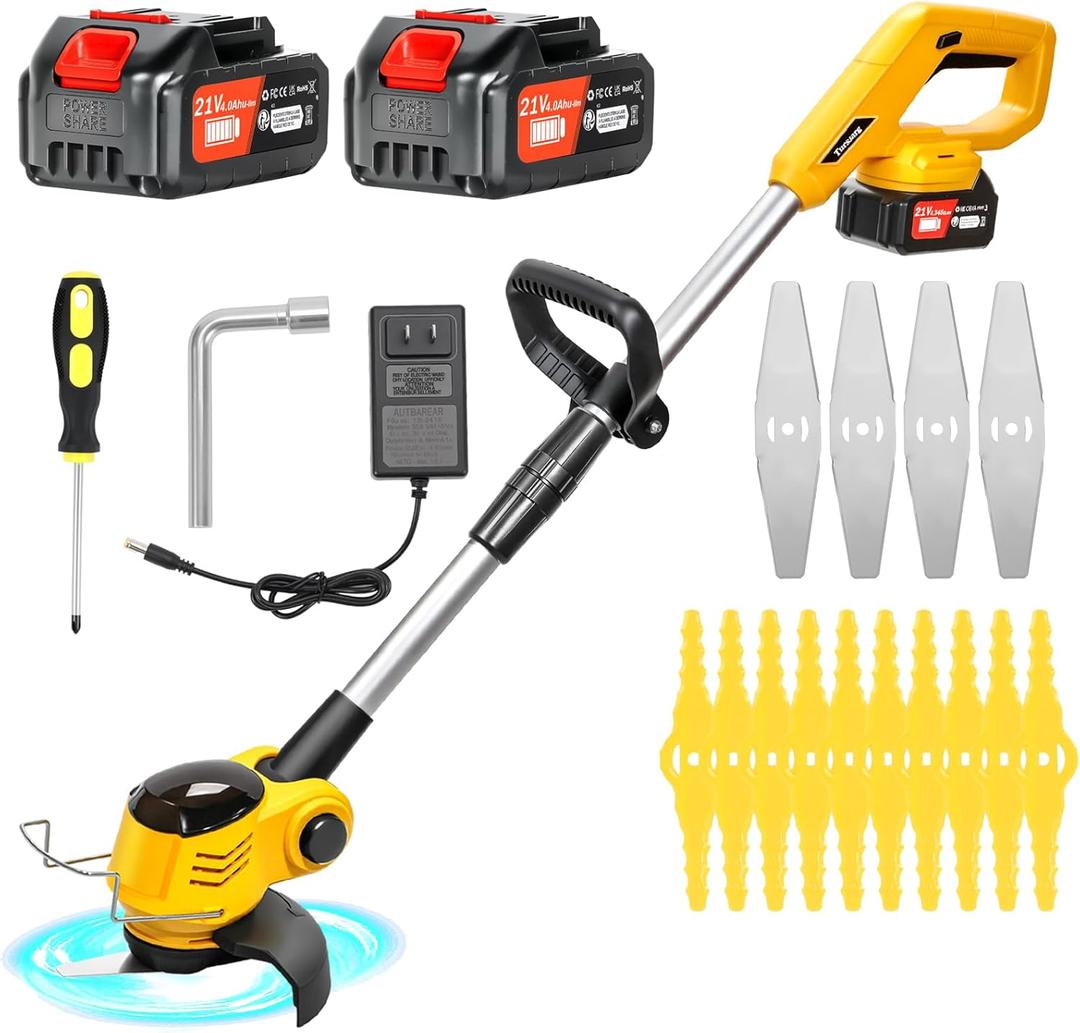Cordless Weed Wacker Electric Grass Trimmer with 21v 4000mah Battery Powered Weed Trimmer Lightweight Lawn Edger Tool for Small and Medium Garden and Yard Lawn (Yellow)