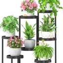 iDavosic.ly 7 Tier Folding Plant Stand Indoor Outdoor with Plastic Tray, Tiered Corner Flower Holder Shelf, Metal Orchid Display Rack for Patio Porch Living Room Garden Balcony, Modern Black