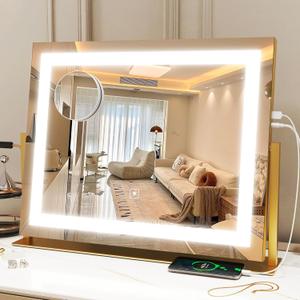 Vanity Mirror with Lights 22"x18", Lighted Makeup Mirror with 10X Magnification, Smart Touch 3 Colors Dimmable, 360 Rotation, Women Gift, Dresser Mount, Bathroom (Gold)