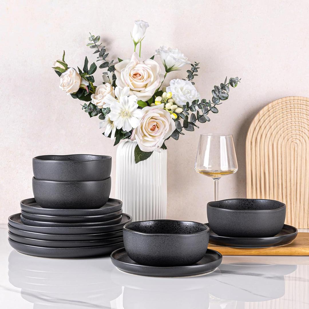 AmorArc Ceramic Dinnerware Sets, Wavy Rim Stoneware Plates and Bowls Sets,Dishwasher & Microwave & Oven Safe Dishes set, Service for 4 (12pc)-Charcoal Matte