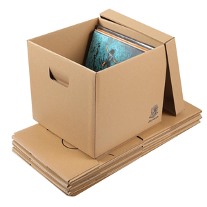 12" Vinyl Record Storage and Moving Box, Holds 60 Records or LPs, 4-PackDurable Cardboard with Removable Lid, Built-In Carry Handles, Tape-Free Design, 3-Ply Reinforced Side Walls