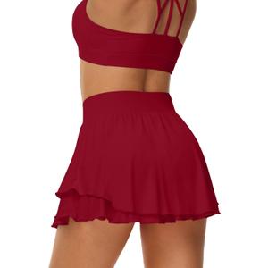UrKeuf Women's Athletic Tennis Skirts with Pockets 13in Ruffle Golf Running Workout Ice Silk Flowy Skorts with Sports Shorts (Red, M)