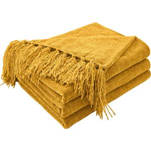 CozeCube Chenille Throw Blanket for Couch, Cozy Plush Fuzzy Decorative Harvest Gold Blanket with Fringe Tassels, Lightweight Throws for Bed Sofa Gift Home Decor, 50"X60"