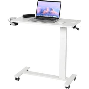 Snughome Overbed Table with Wheels Adjustable Height, Hospital Bed Table with Power Outlets and USB Ports, Bedside Table Pneumatic Mobile Laptop Standing Desk, Rolling Table for Couch, Sofa(White)