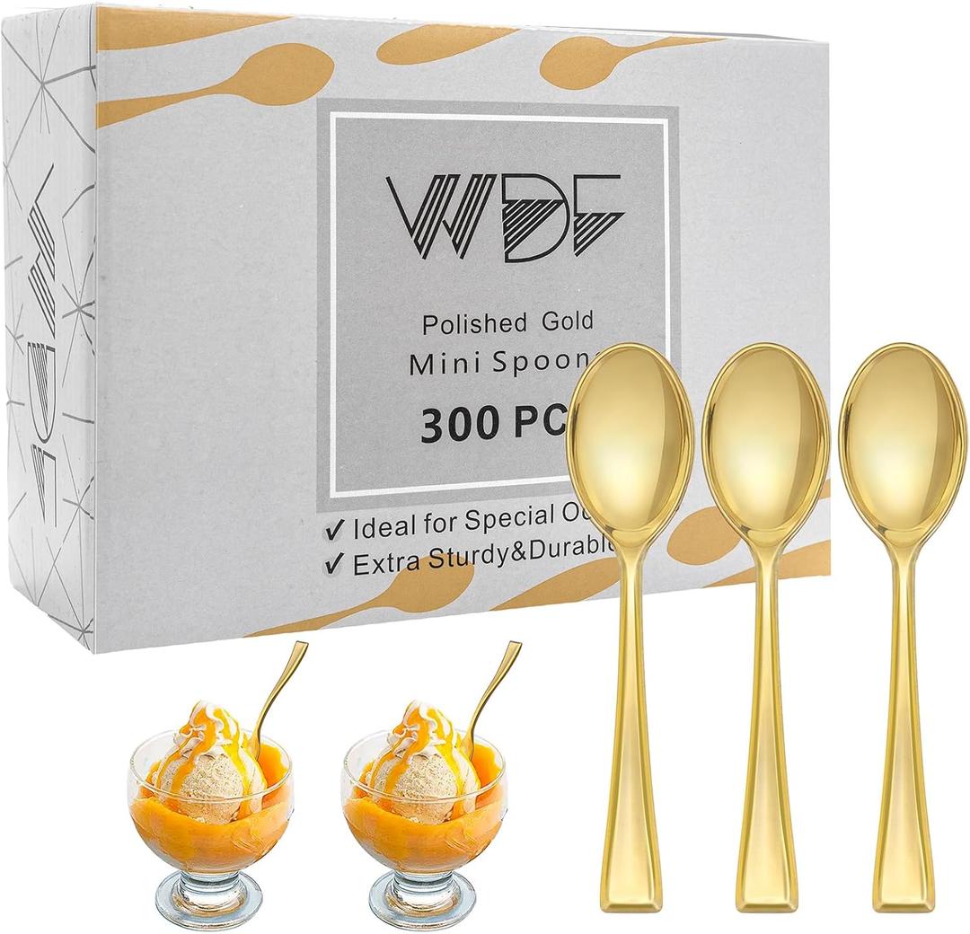 WDF 300PCS Plastic Gold Mini Spoons - 4 Inches Gold Plastic Desserts Spoons, Heavy Duty Disposable Spoons Perfect for Coffee, Cake, Appetizers,Ice Cream,Wedding, Birthday, Party