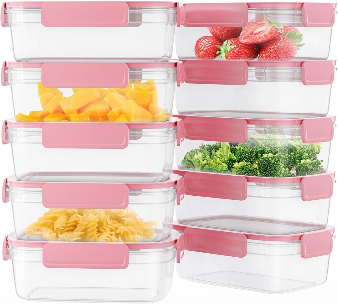 10-Pack Food Storage Containers with Airtight Leakproof Lids, BPA-Free Meal Prep Containers for Microwave/Dishwasher/Freezer, Pink, 28.7oz Each