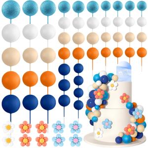 Bouiexye 61 Pcs Boho Cake Topper Balls Decorations Mini Balloon Cake Topper Retro Hippie Daisy Flower Acrylic Ball Cake for Birthday Party Wedding Rainbow Baby Shower (Blue Orange)