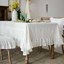 White Cotton Tablecloth Ruffled Lace Embroidered Fabric Tablecloths Rustic French Washable Table Cover for Indoor Outdoor Home Holiday Party Christmas (White, 52 x 70 Inches)