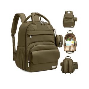 Diaper Bag Backpack - Multifunctional Travel Diaper Back Packs,Maternity Baby Changing Bags, Compact 18L Capacity, PU Leather, Waterproof, Unisex, Stylish Nappy Bag, Diaper Changing Pad (Dark Olive)