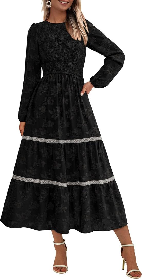 PRETTYGARDEN Long Sleeve Dress for Women 2026 Fall Elegant Modest Floral Boho Smocked Flowy Wedding Guest Midi Dresses (M)