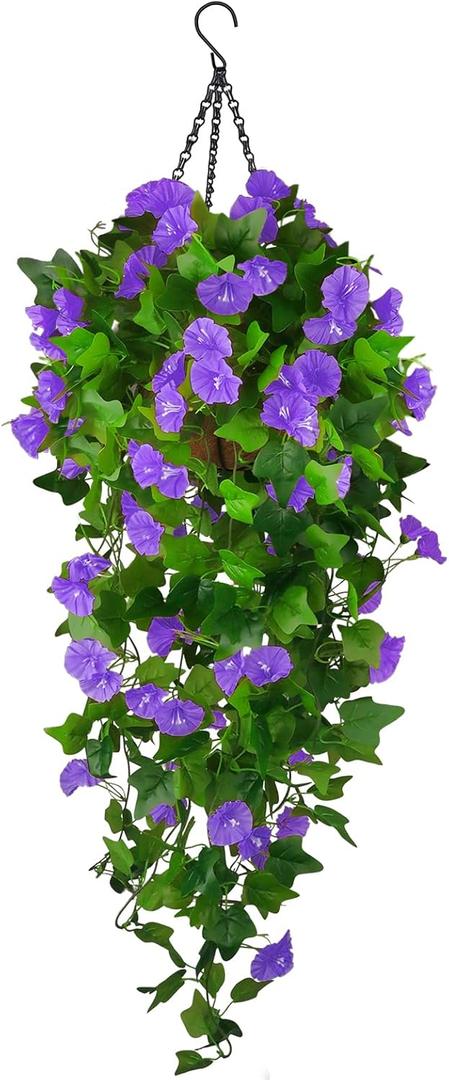 Artificial Fake Hanging Flowers Plants Basket for Spring Outdoor Outside Decoration, UV Resistant Faux Plastic Fabric Flower Morning Glory Wisteria Petunia for Garden Porch Patio Balcony Yard Decor (Blue)