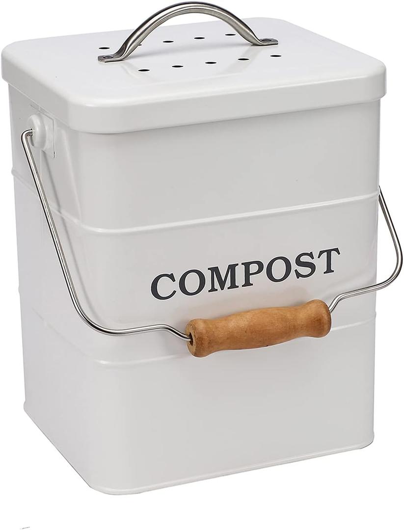 Compost Bin Kitchen Countertop Indoor Compost Pail Bucket, Great for Food Scraps, Carbon Steel, Handles, White, 1 Gallon - Includes Charcoal Filter