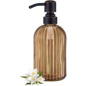 16 OZ Amber Glass Soap Dispenser, Amber Stripe Bathroom Hand Soap Dispensers with Stainless Steel Bronze Pump,Brown Glass Kitchen Hand Soap Dispenser with Oil Rubbed Bronze Pump