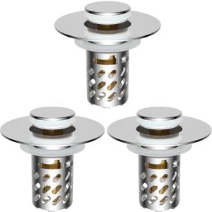 iFealClear 3 Pack All Metal Bathroom Sink Stopper, Pop Up Sink Drain Strainer with Removable Stainless Steel Filter Basket, Universal for 1.1"-2.36" Sink, Brass Bounce Core, Hair Catcher, Chrome
