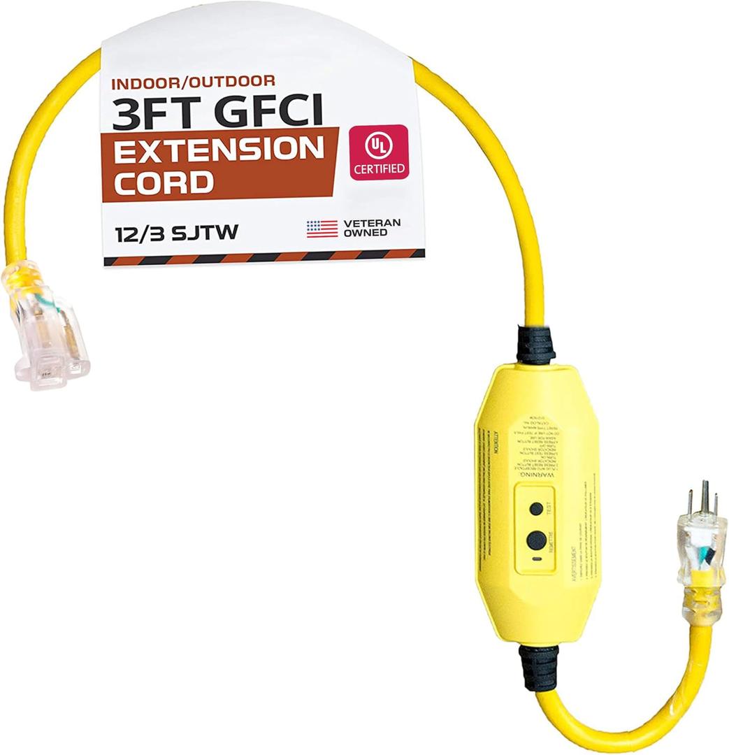 IRON FORGE CABLE 3 Foot Lighted Outdoor GFCI Extension Cord - 12/3 SJTW Heavy Duty Yellow Pigtail Extension Cable with 3 Prong Grounded Plug for Safety, 15 AMP