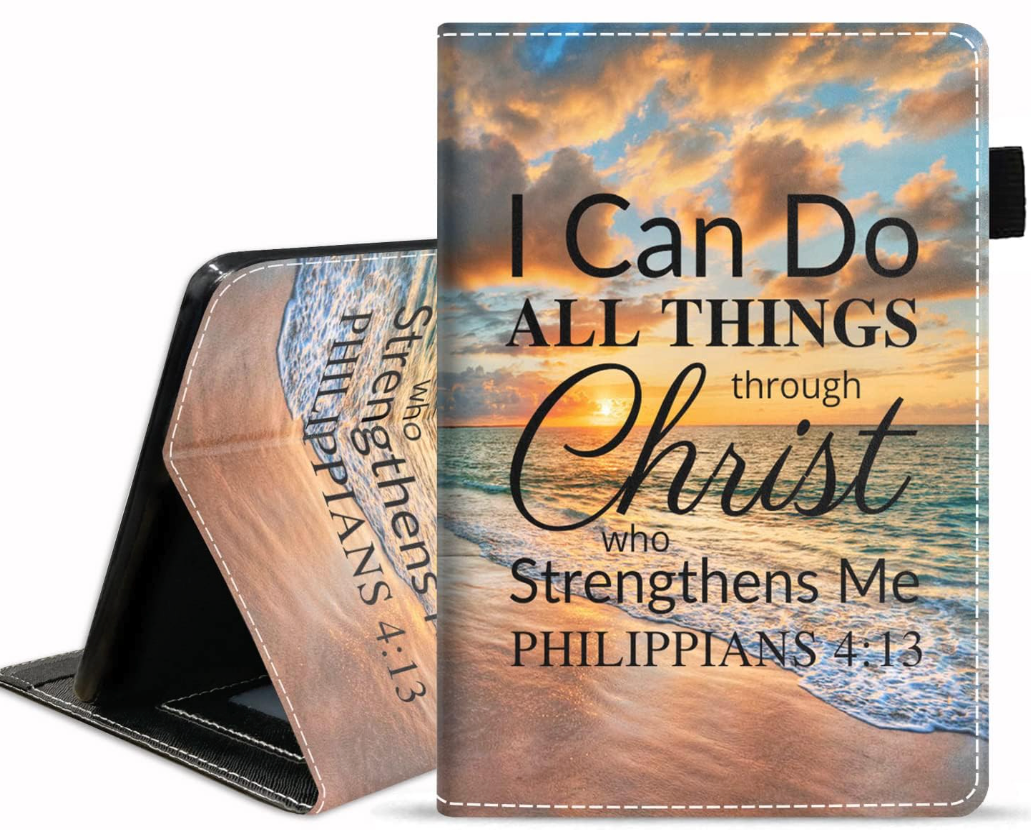 Case for Amazon Fire HD 10 Tablet 10.1 inch (9th/7th Generation, 2019/2017 Release), Premium PU Leather Cover with Card Slot & Pencil Holder, Pink Background Bible Verse Phil 4-13