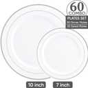 FOCUSLINE Silver Plastic Plates Set of 60, Disposable Plates with Silver Rim 30 Dinner Plates 10" and 30 Salad Dessert Appetizer Plate 7", Elegant Fancy Heavy Duty Wedding Party Plates
