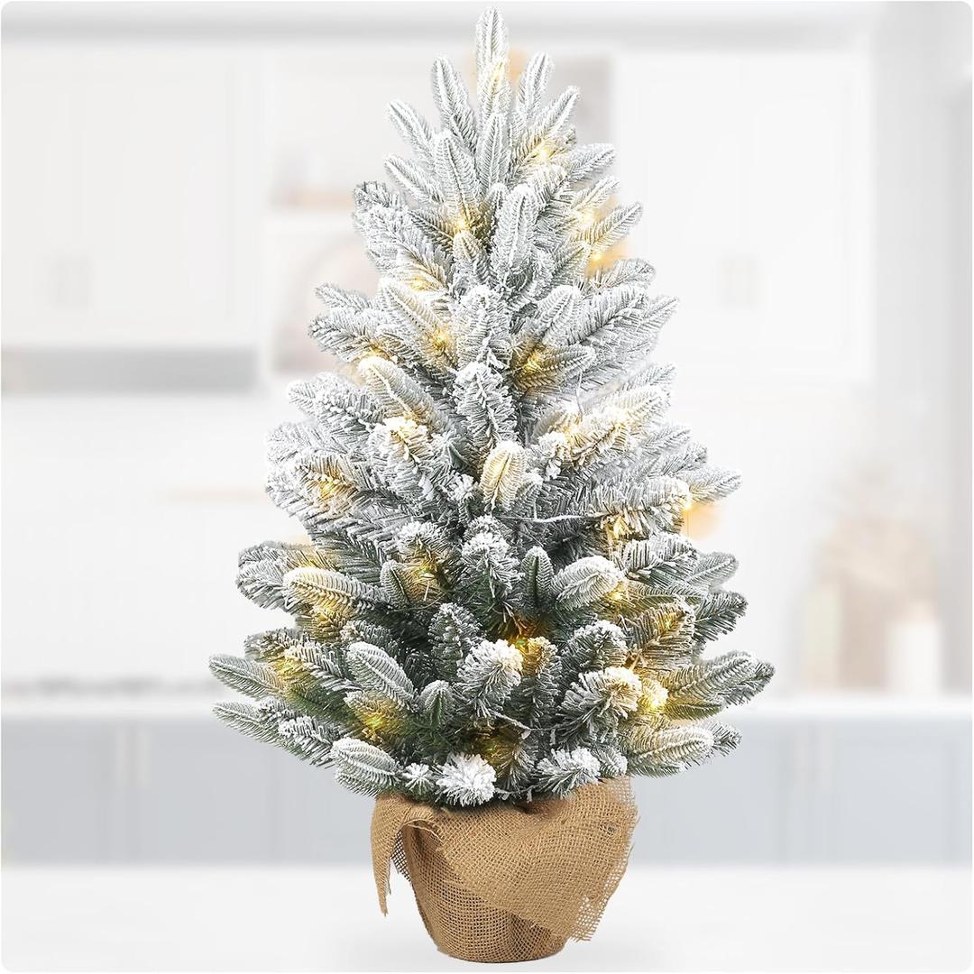 Gfilay 3ft Flocked Prelit Christmas Tree with 60 LED Lights & 8 Lighting Modes, Small Battery Powered Tabletop Xmas Tree for Indoor Holiday Dcor, Mini Artificial Snow Tree with Burlap Base