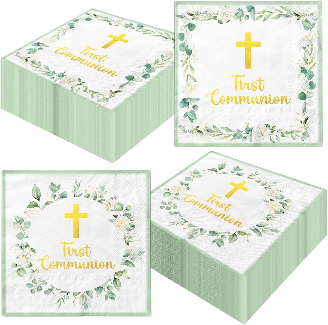First Communion Decorations, 50pcs Green Baptism Napkins First Communion Paper Napkins for Baptism Decorations, Easter Party, First Communion Party Supplies