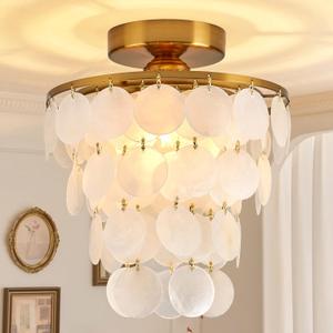 11.8" Capiz Shell Chandelier for Bedroom Ceiling Light Fixture with 4 Tier Shell Modern Gold Semi Flush Mount Ceiling Lights Chandeliers for Entryway,(More Additional Shell Parts Included) Gold