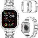 Mosonio Compatible with Apple Watch Band 38mm 40mm 41mm 42mm 44mm 45mm 46mm 49mm with 2 Pack Case Women, Jewelry Replacement Metal Bands Strap with Bling PC Protective Case for iWatch Ultra SE Series 11/10/9/8/7/6/5/4/3/2/1 (Silver)