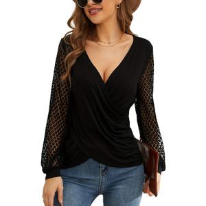 YELAIVP Long Sleeve Shirts for Women V Neck Lace Tops Dressy Business Casual Blouses Cross Wrap Sexy Tops Work Shirt (Small, 06 Black)