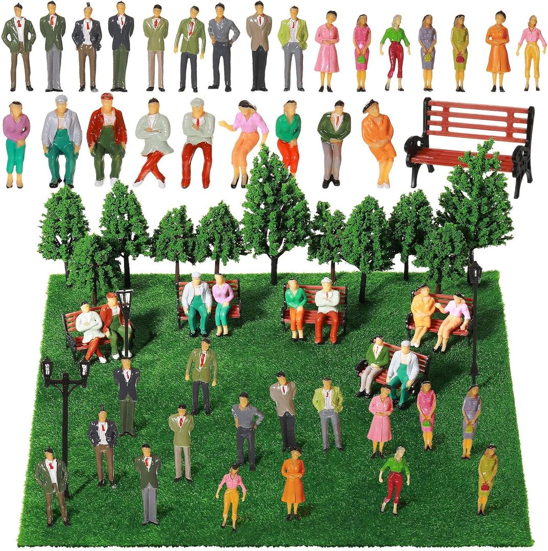 Sratte 55 Pcs 1:30 Scale Model Trains Architectural Scale Painted Figures Set, Include 30 Miniature People 5 Street Lamps 11 Mixed Model Trees 5 Park Street Seat 4 Fake Grass for Miniature Scene