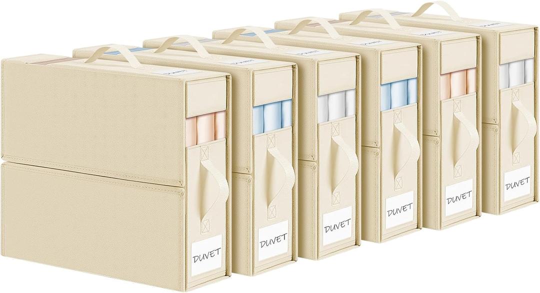 DIMJ Bed Sheet Organizers and Storage 6 Pack - Foldable Sheet Organizer for Linen Closet, Bedding Storage Box for organization, Sheets Set Holder for Blanke, Towel (King & Queen Size), Beige DIMJ Bed Sheet Organizers and Storage 6 Pack - Foldable Sheet Organizer for Linen Closet, Bedding Storage Box for organization, Sheets Set Holder for Blanke, Towel (King & Queen Size), Beige