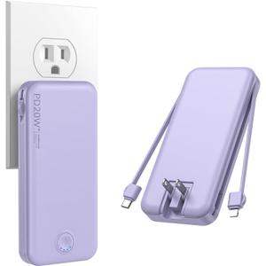 Nusyddy Portable Charger, 10000mAh PD20W Fast Charging Power Bank with Built-in Cables & Wall Plug, Travel Essential External Battery Pack, USB C Battery Phone Charger for iPhone, iPad, Samsung Purple