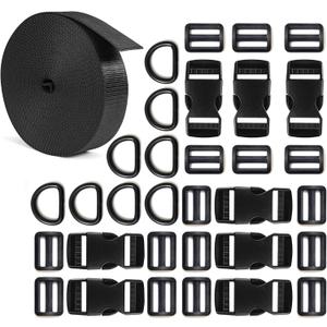 1 inch Buckle Strap Set with 10 Yards Nylon Webbing, 8 Pcs Metal D Rings, 8 Pcs Quick Side Release Plastic Buckles, 16 Pcs Tri-glide Slide Clip for DIY Backpack Replacement (Black)